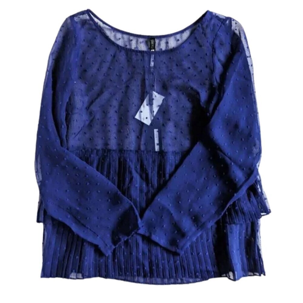 PLENTY by TRACY REESE Blue Pleated Swiss Dot Sheer Long Sleeve Blouse Medium